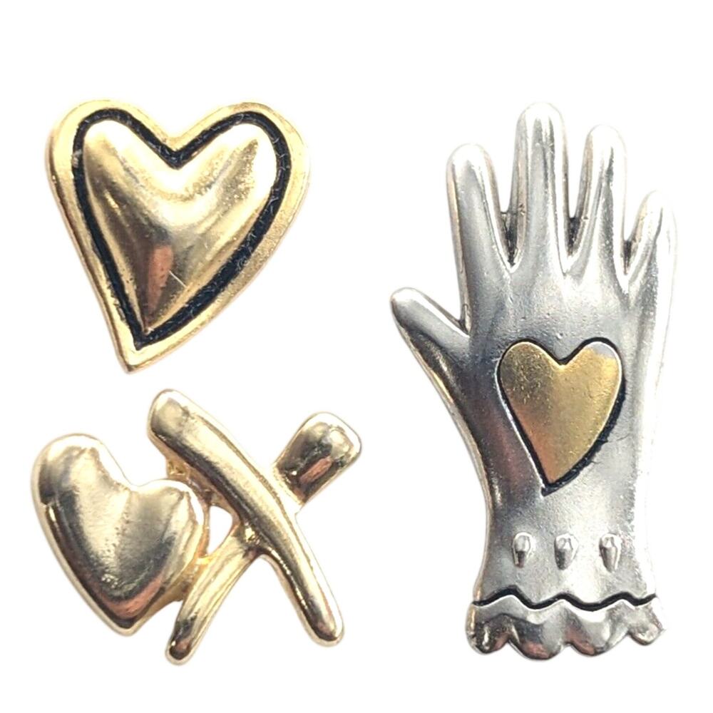 Heart Love Pins Lot 3 Gold Tone Kiss Hands Romantic Brooch